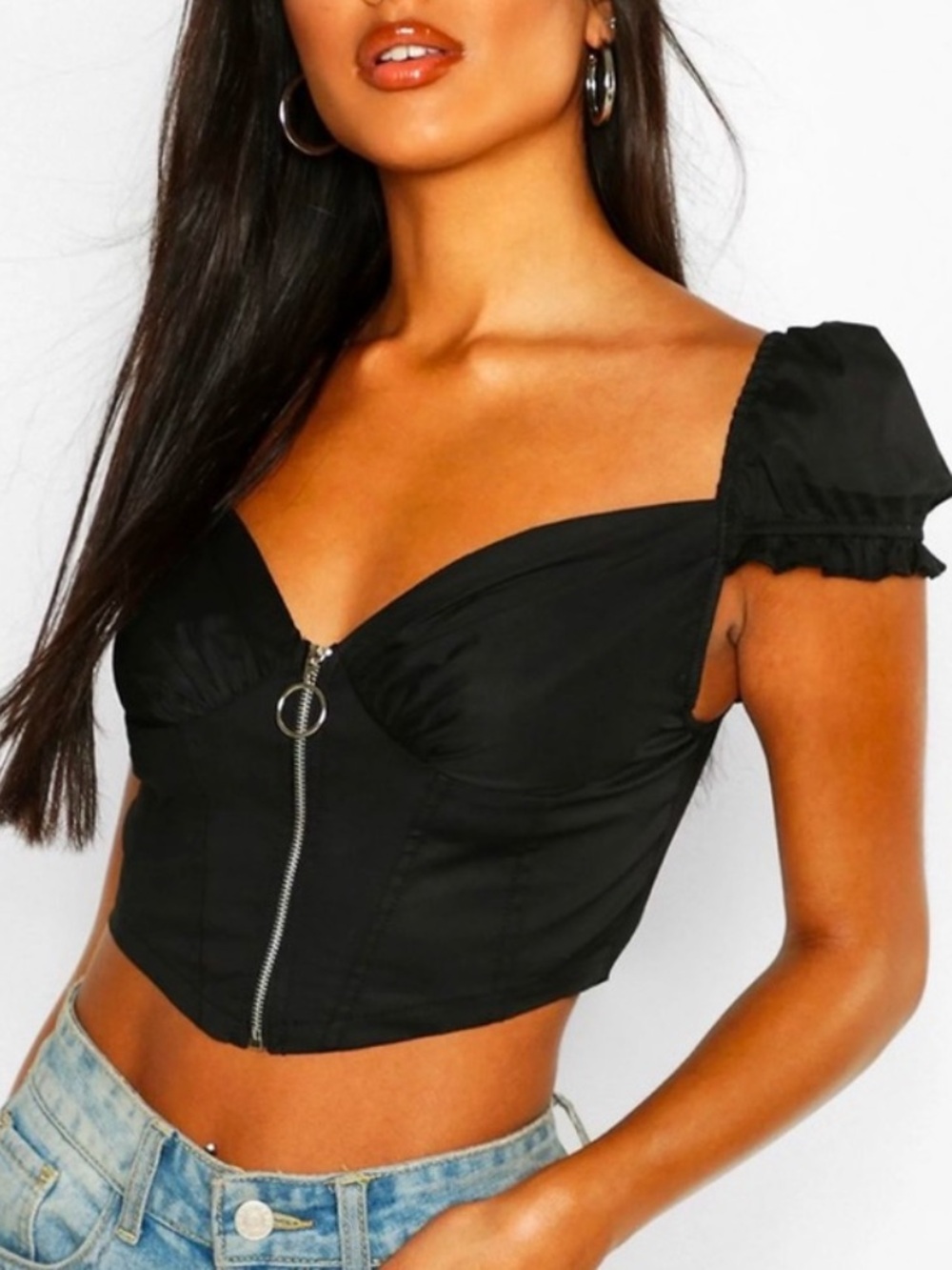 White Fox Boutique "What About Love" Zip Front Black Peasant Crop Top “New”
